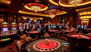 Experience lc88 đăng nhập in a luxurious casino scene with vibrant games and players.