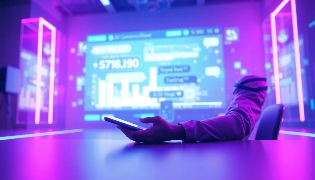 A captivating scene illustrating a user interacting with a sex AI chat interface, showcasing futuristic technology and a friendly atmosphere.