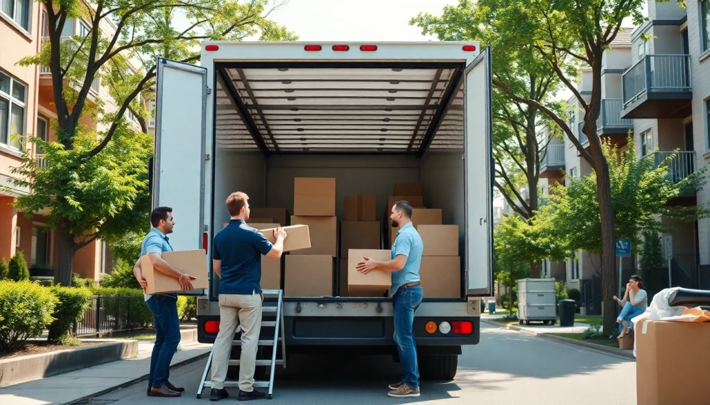 Best movers in Vancouver loading boxes into a moving truck in a vibrant urban setting.