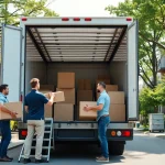 Best movers in Vancouver loading boxes into a moving truck in a vibrant urban setting.