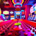 Permainan demo plinko yang menarik dengan papan berwarna cerah dan koin yang turun.