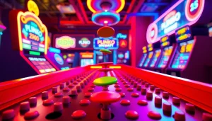 Permainan demo plinko yang menarik dengan papan berwarna cerah dan koin yang turun.