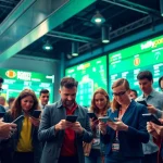 Engaged bettors enjoying online sports betting Georgia with vibrant colors and dynamic energy.