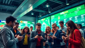 Engaged bettors enjoying online sports betting Georgia with vibrant colors and dynamic energy.