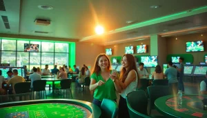 Apostadores interagem em uma casa de apostas regulamentada, desfrutando de um ambiente seguro e divertido.