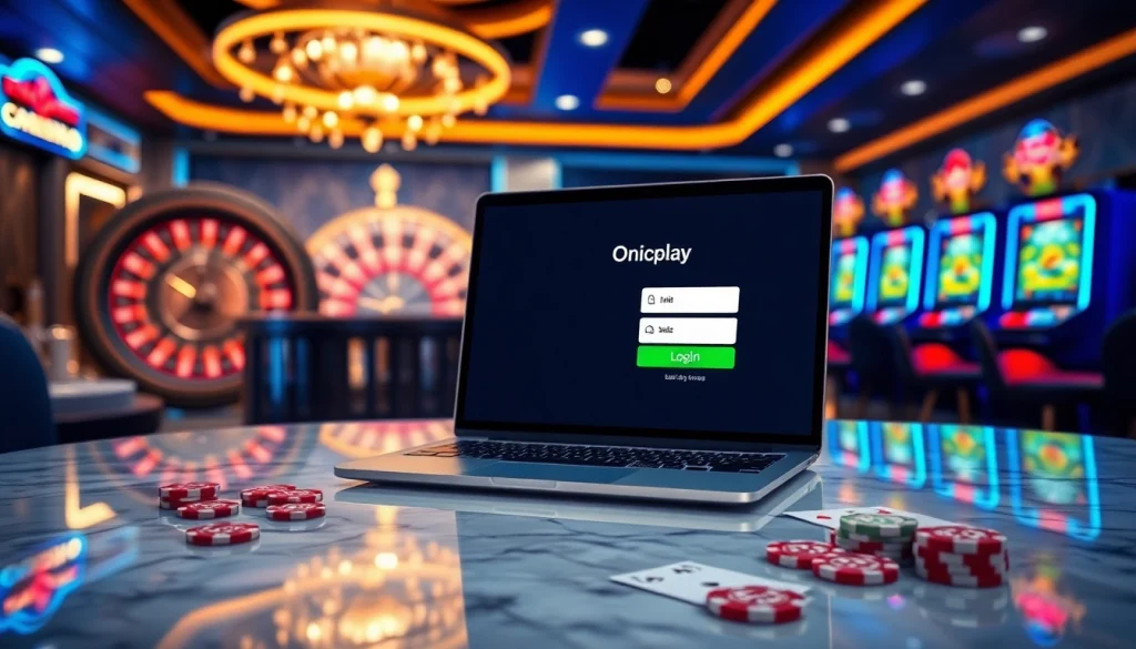 Experience onicplay login with vibrant casino visuals including poker chips and digital slot machines.