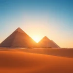 Captivating view of the piraminds of Giza highlighted by dramatic lighting and desert sands.