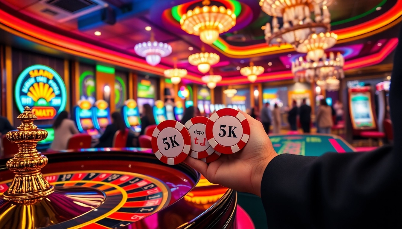 Experience the excitement of playing depo 5k at a vibrant casino with roulette and slot machines.