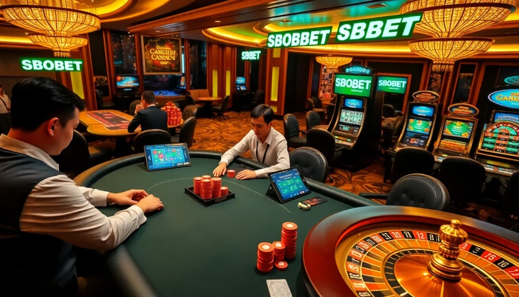 SBOBET players engaging in strategic betting at a luxurious casino table, showcasing excitement and professionalism.