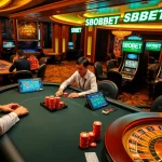 SBOBET players engaging in strategic betting at a luxurious casino table, showcasing excitement and professionalism.