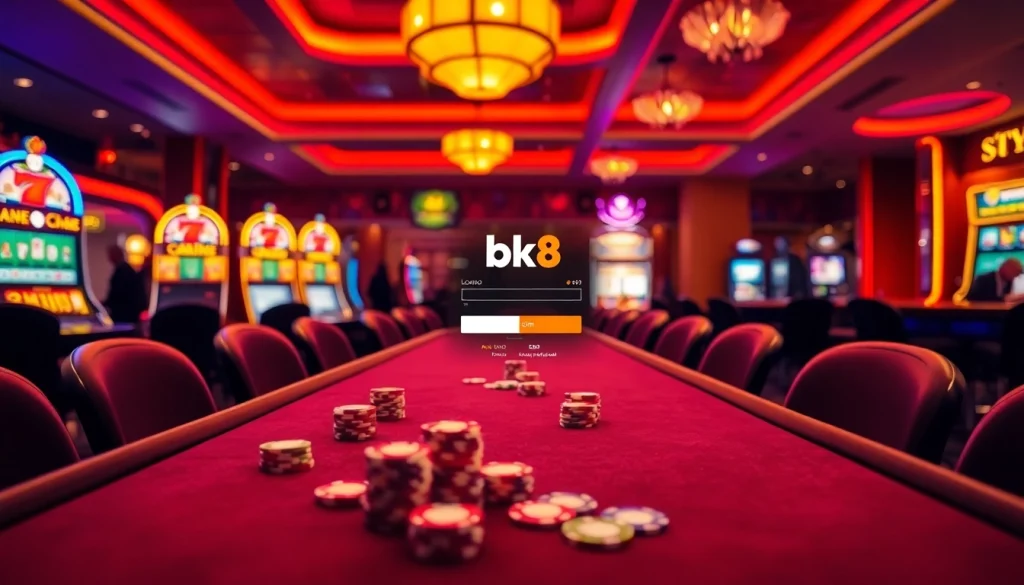Engaging scene showcasing bk8 login at a vibrant casino backdrop, highlighting excitement and luxury.