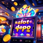Menangkan permainan slot depo 1k dengan antarmuka mesin slot yang berwarna-warni dan koin yang terbang.