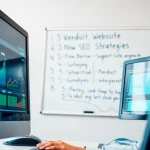 Evaluate SEO and marketing strategy services with a consultant in a modern office.