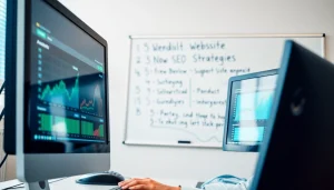 Evaluate SEO and marketing strategy services with a consultant in a modern office.