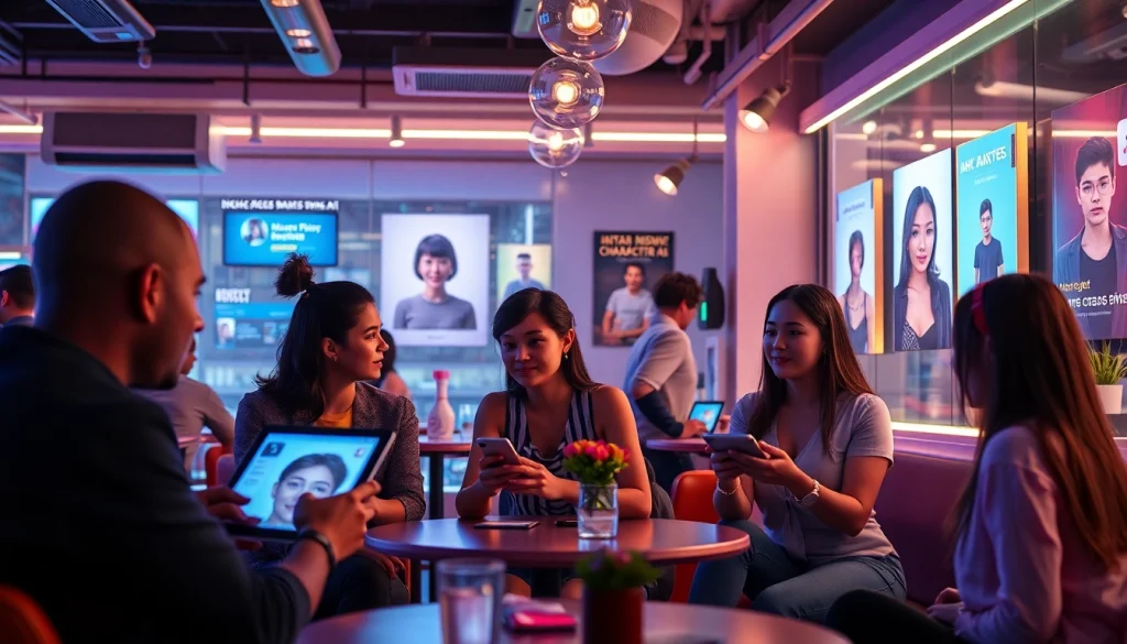 Engaging interaction in a futuristic café with NSFW character AI on sleek screens