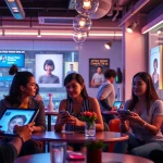 Engaging interaction in a futuristic café with NSFW character AI on sleek screens