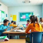 Innovative education environment showcasing diverse students using digital devices and collaborative learning.