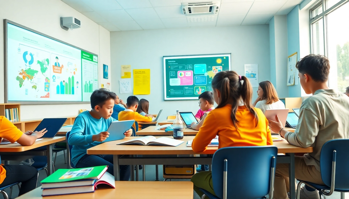 Innovative education environment showcasing diverse students using digital devices and collaborative learning.