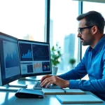 Analyze competitive intelligence strategies with focused data analyst in modern office.