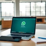 展现现代沟通的工作区：笔记本电脑上显示 WhatsApp Web，与智能手机并排使用
