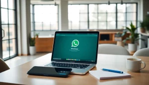 展现现代沟通的工作区：笔记本电脑上显示 WhatsApp Web，与智能手机并排使用