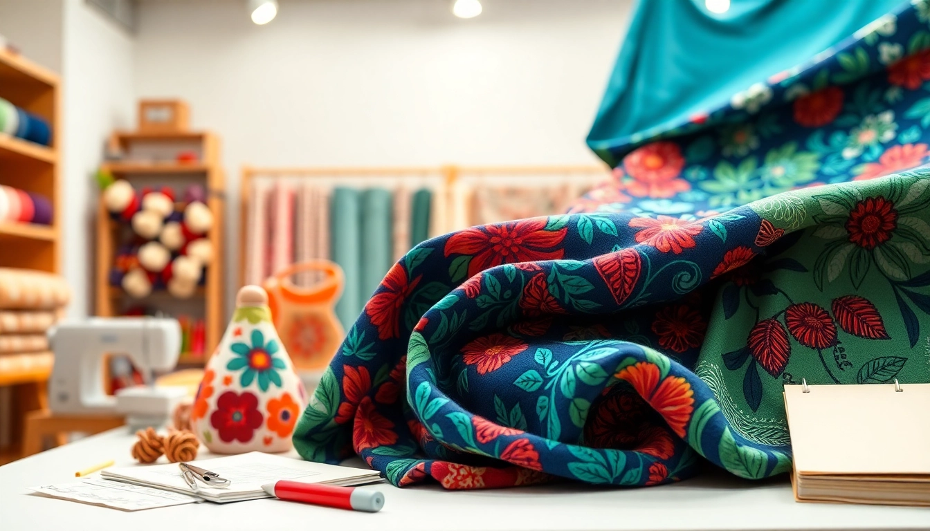 Bekijk hoogwaardige bedrukte katoenen stoffen met unieke ontwerpen in een stijlvolle studio.