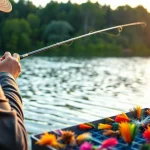 Engaging scene of fly fishing for bass with an angler casting expertly in a serene lake setting.