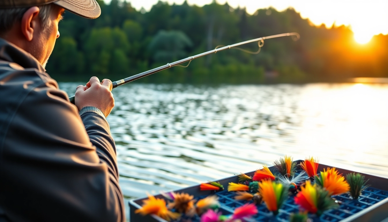 Engaging scene of fly fishing for bass with an angler casting expertly in a serene lake setting.