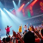 BTS news highlights energetic concert moments with fans cheering in the background.