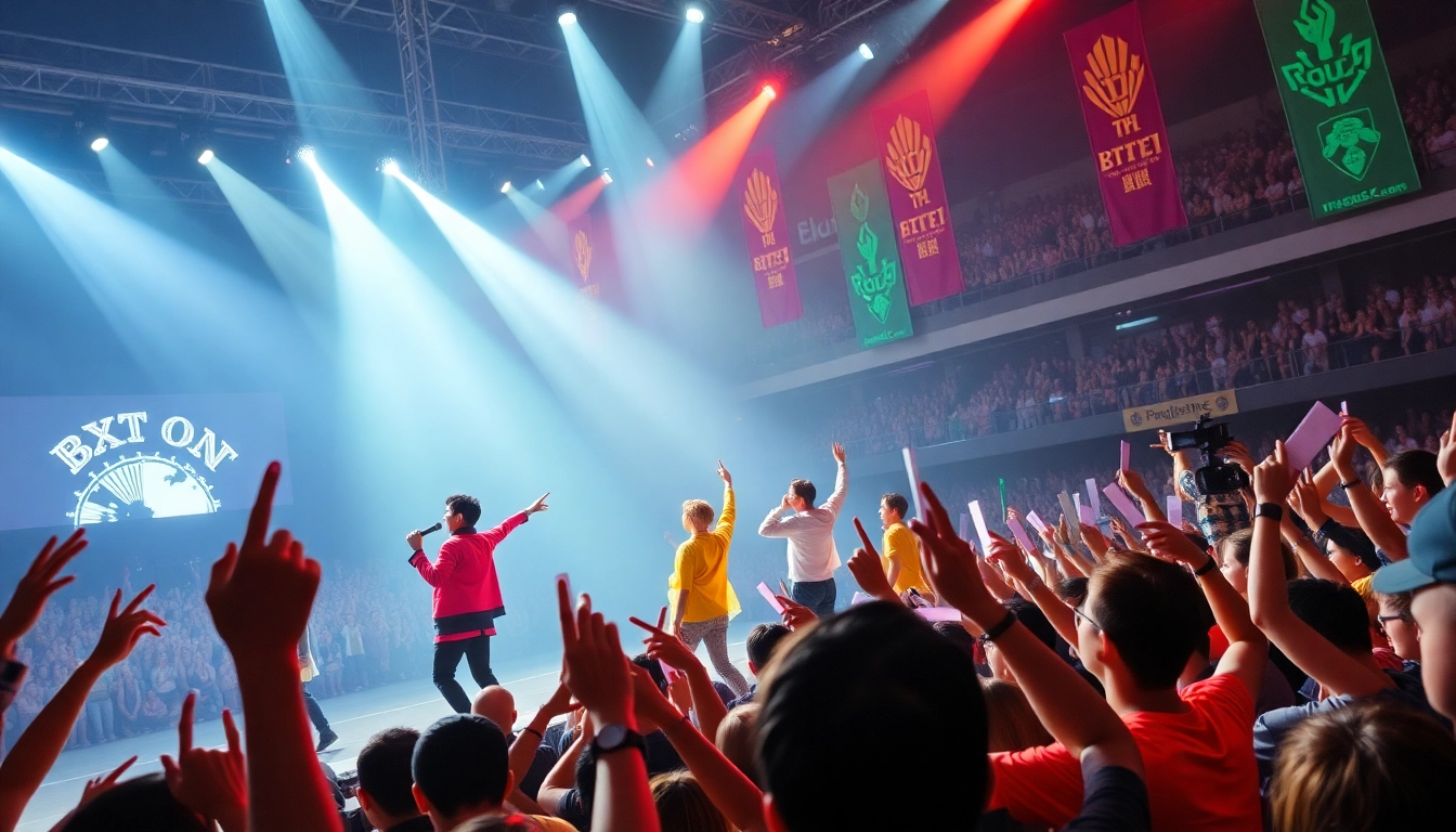 BTS news highlights energetic concert moments with fans cheering in the background.