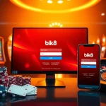 Seamlessly log in to BK8 gaming platform amidst vibrant casino visuals, including cards and chips.