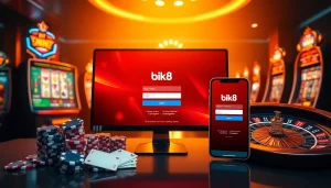 Seamlessly log in to BK8 gaming platform amidst vibrant casino visuals, including cards and chips.