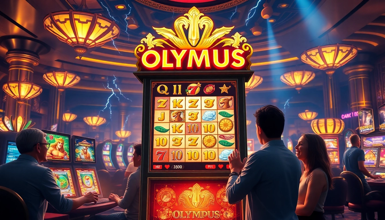 Spin the reels of the Olympus slot machine amidst an elegant casino ambiance, filled with excitement.