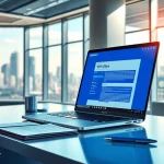 专业办公工作区，笔记本电脑上运行 WPS Office 软件，强调提升工作效率。