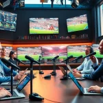 Dynamic live broadcasting scene showcasing Sports Broadcasting professionals in action with multiple screens.