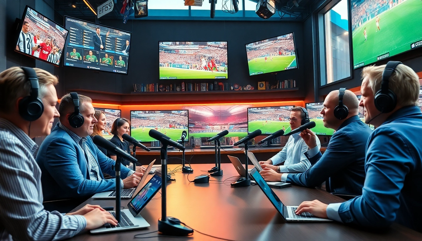 Dynamic live broadcasting scene showcasing Sports Broadcasting professionals in action with multiple screens.