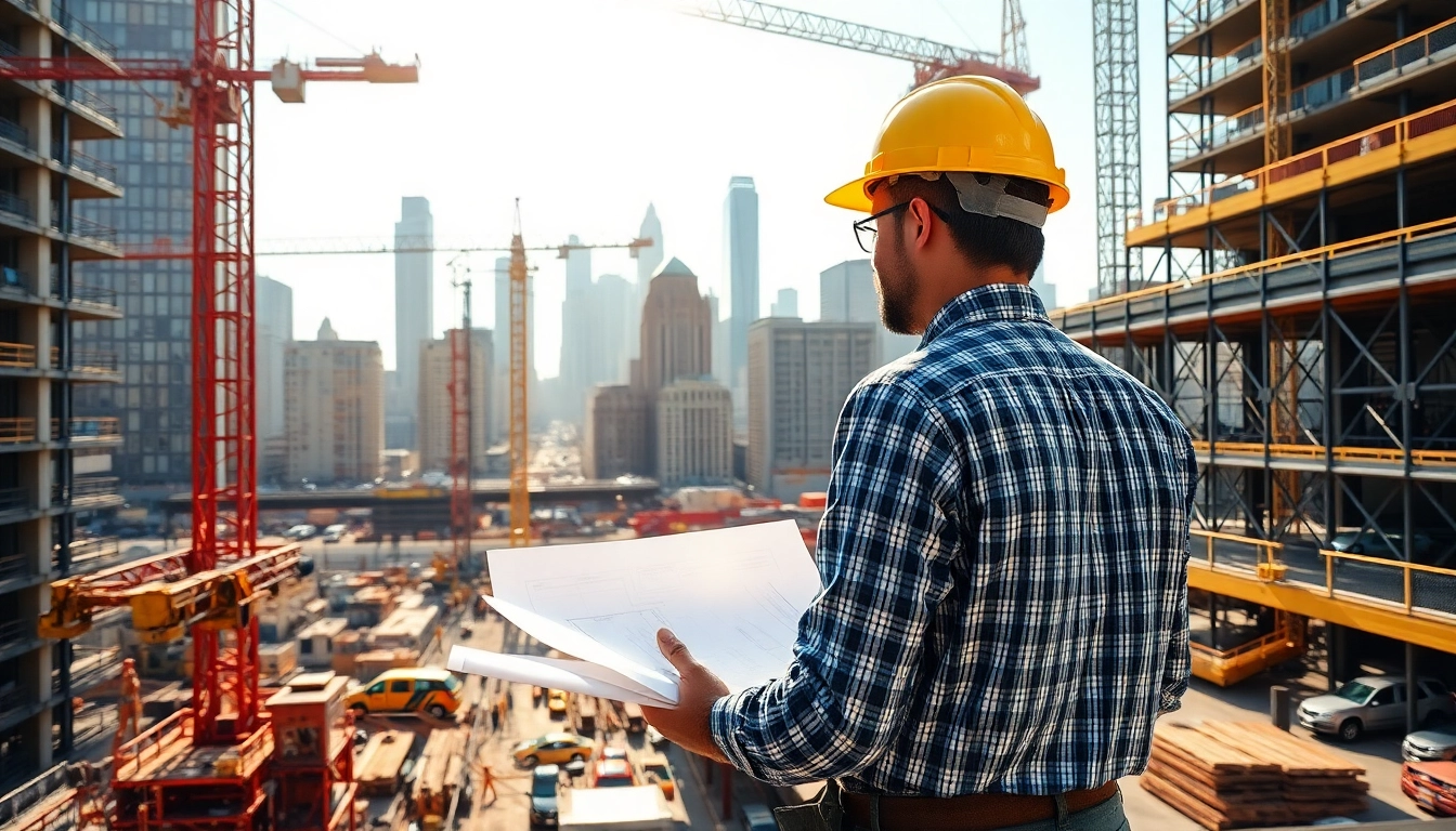 Manhattan General Contractor supervising construction activities with skyline in background