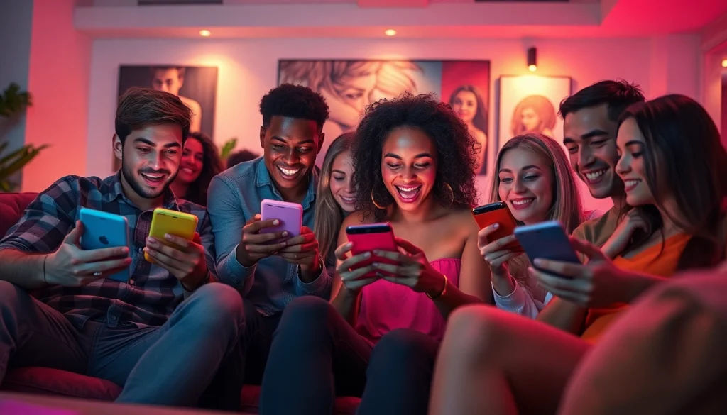 Exciting interaction with mobile porn game in modern lounge setting