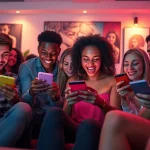 Exciting interaction with mobile porn game in modern lounge setting
