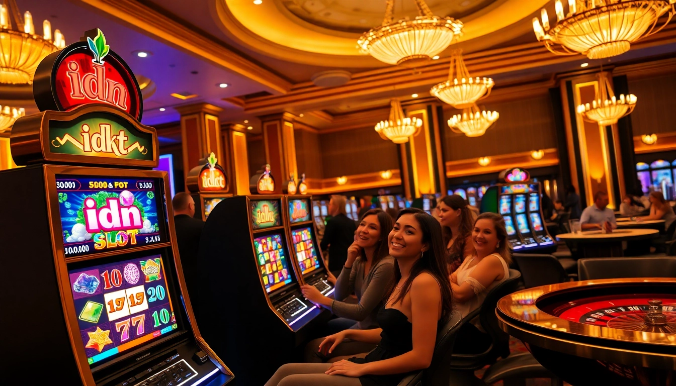 Players enjoying the excitement of the idn slot machine in a luxurious casino setting.