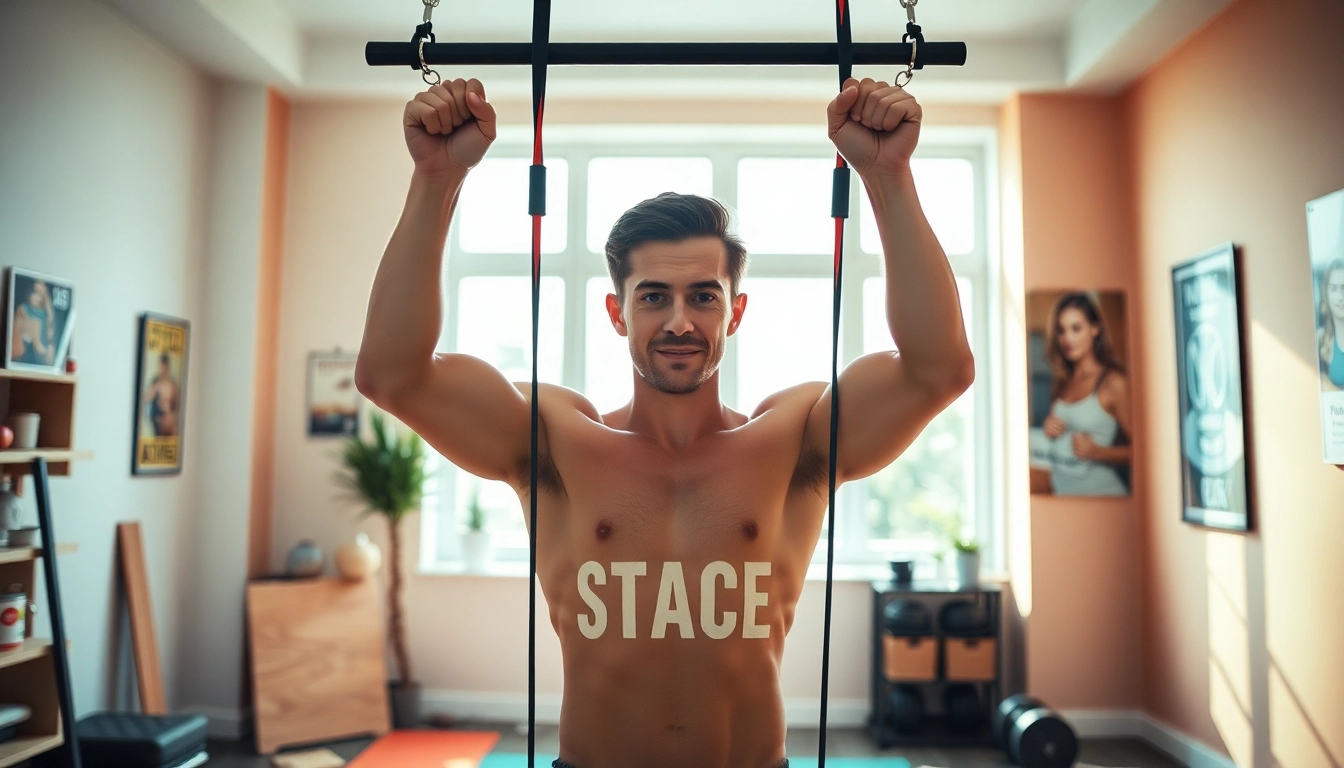 Fit individual using resistance bands for pull-ups in a home gym, showcasing effective workout techniques.