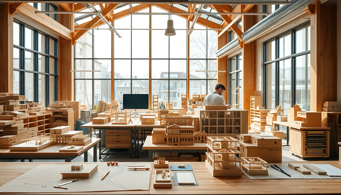 Architekturmodellbau Freiburg zeigt kreative Miniaturdesigns in einem lebhaften Studio.