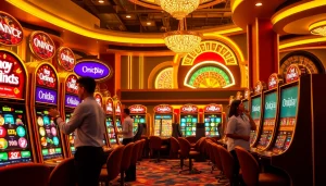 Engaging players enjoying Onicplay slot machines in a vibrant casino setting.