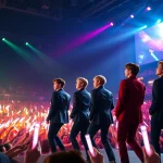 BTS news highlighted through a dynamic concert performance, portraying their energy and fan engagement.