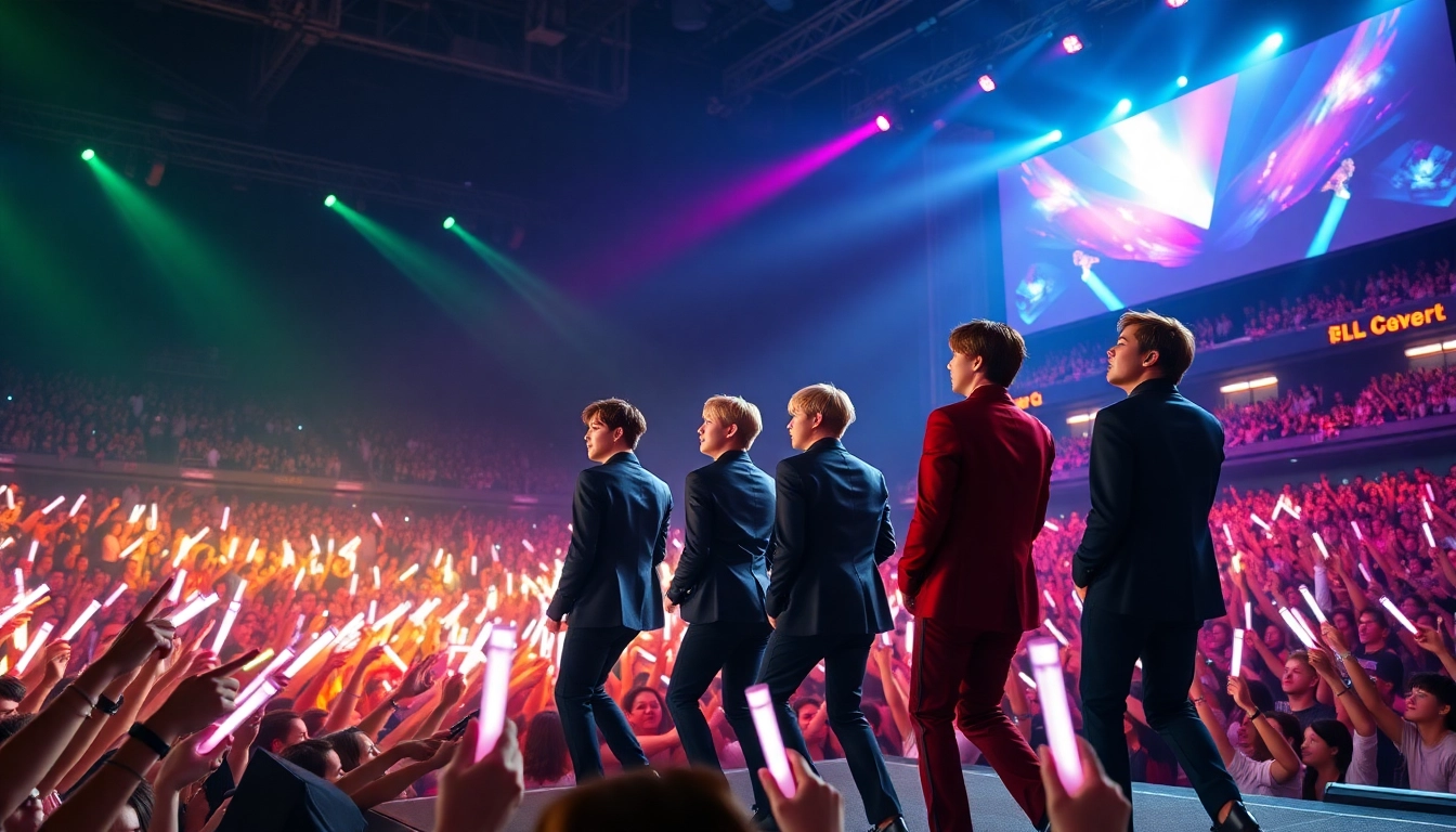 BTS news highlighted through a dynamic concert performance, portraying their energy and fan engagement.