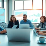 Analyze competitor customer list with a professional team in a bright office setting.