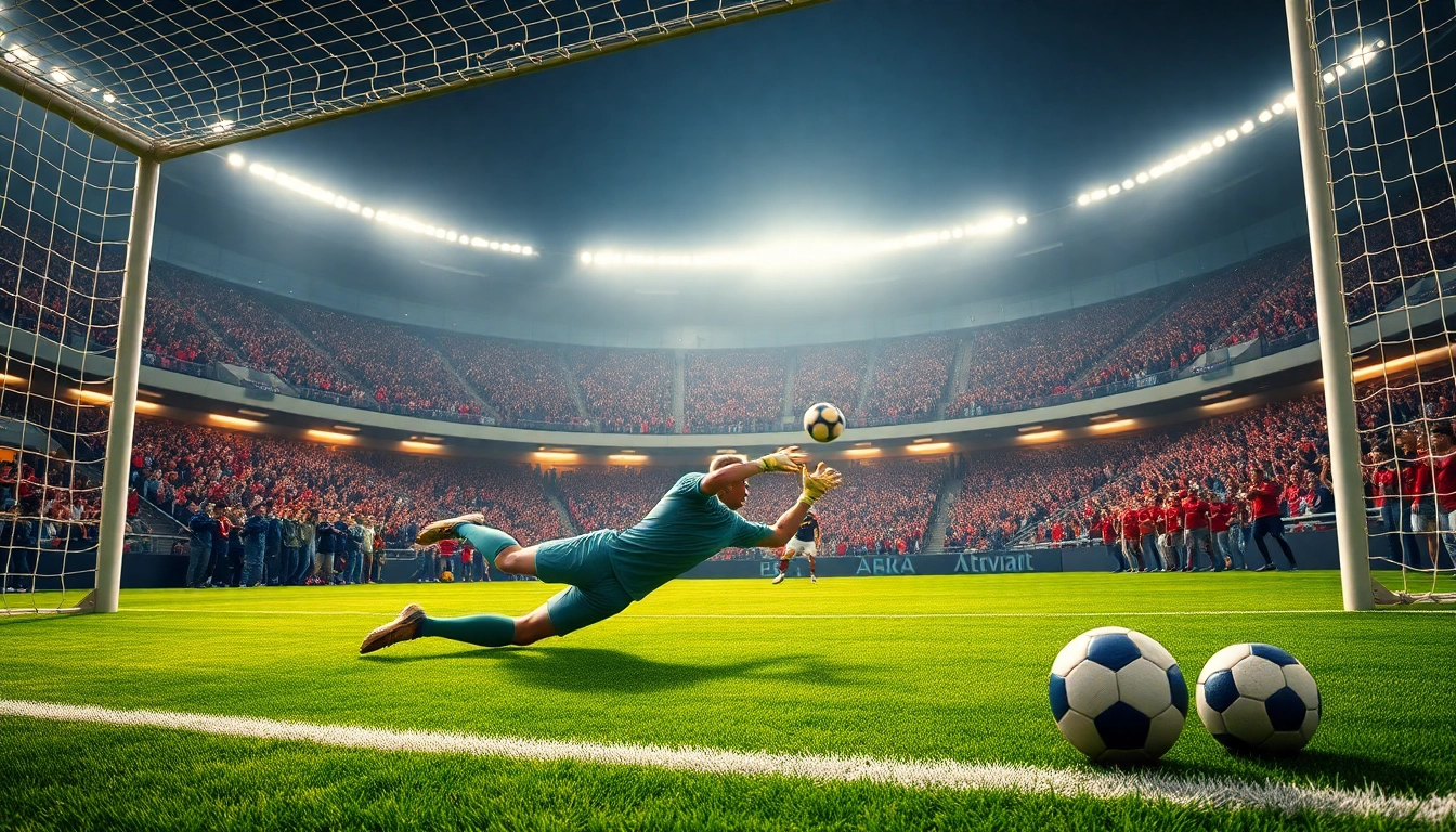 ผลบอลบ้าน ขณะผู้รักษาประตูทำการเซฟประตูในสนามฟุตบอลที่เต็มไปด้วยแฟน ๆ