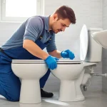 Detailed view of toilet repair by a professional plumber in a modern bathroom.