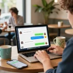 Engaging adult chat scene showcasing a laptop with ia +18 chat interface in a lively cafe atmosphere.