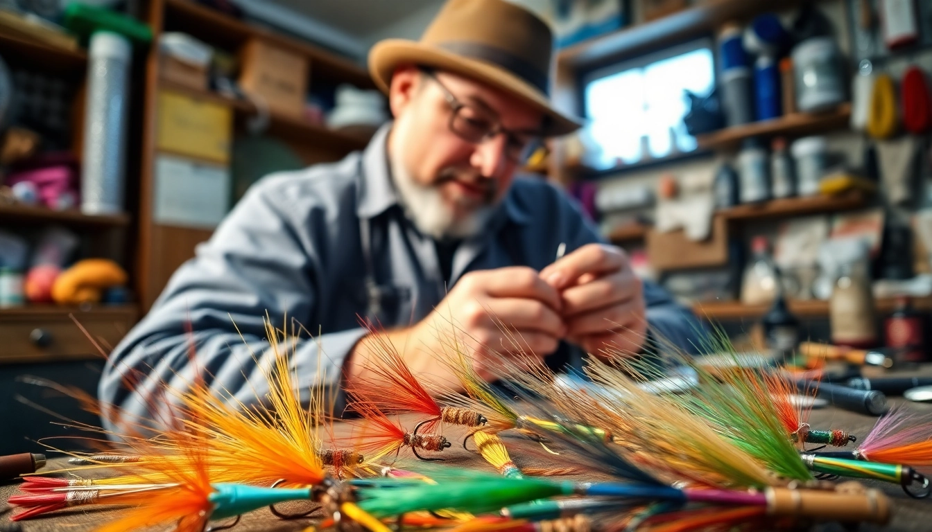Captivating fly tying setup with colorful materials and a focused artisan in action.